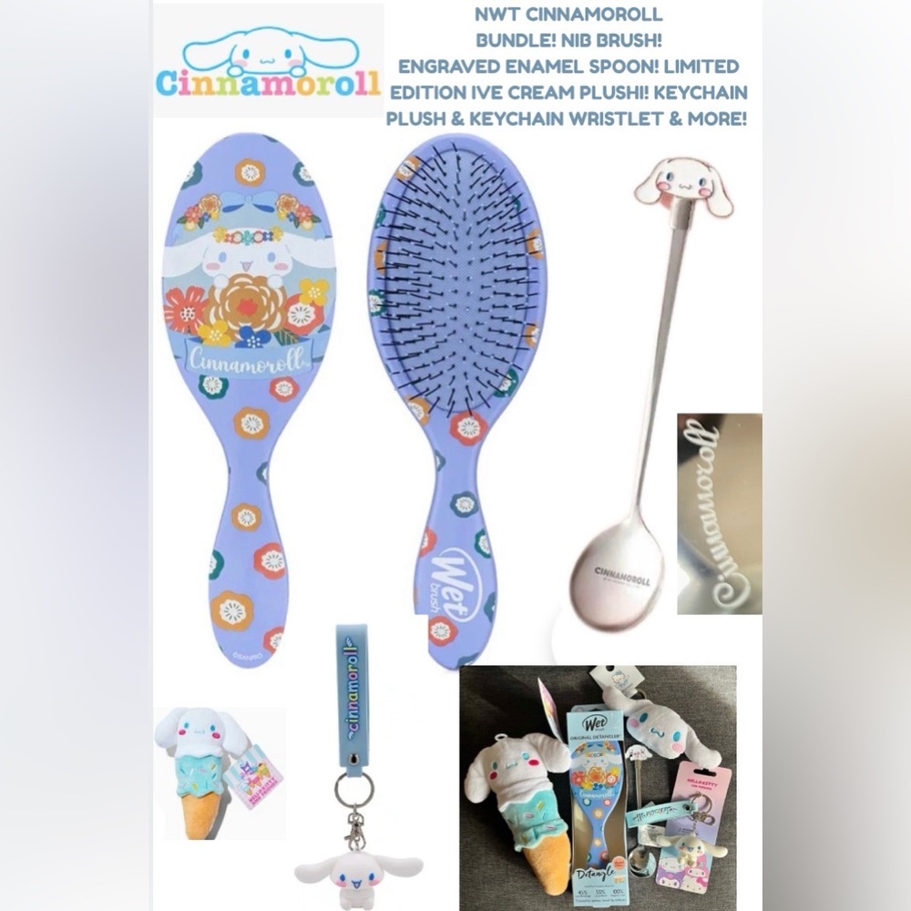 NWT CINNAMOROLL BUNDLE!!! CINNAMOROLL WET BRUSH, ENGRAVED ENAMEL SPOON, PLUSHIE
